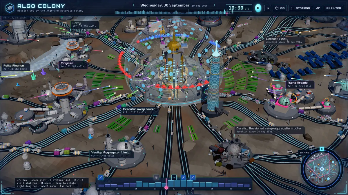 The colony's central dome under its lattice force field, with the ledger spire and proposer beacons.