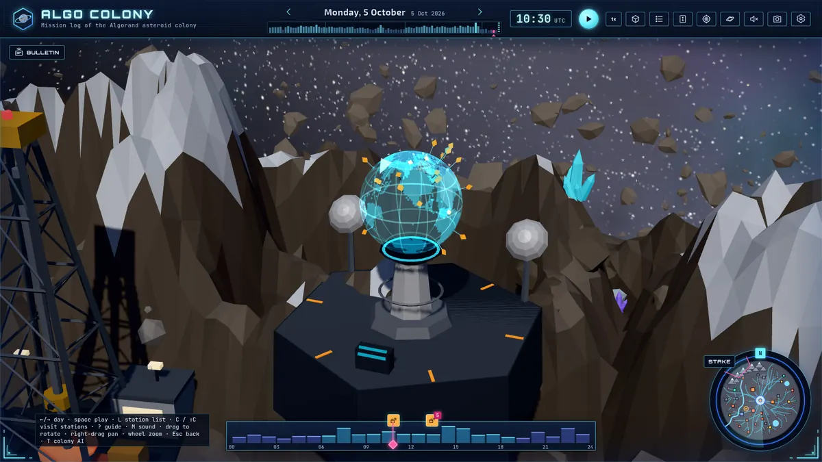 The Deep Space Array, an instrument platform with a glowing holographic Earth and ground-station markers.