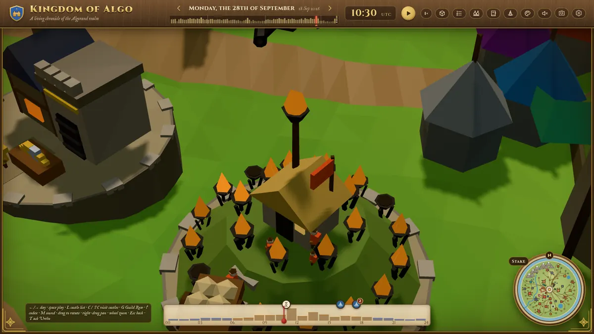Beacon Hill on the Guild Row: a ring of lit braziers around a thatched collector's hut.