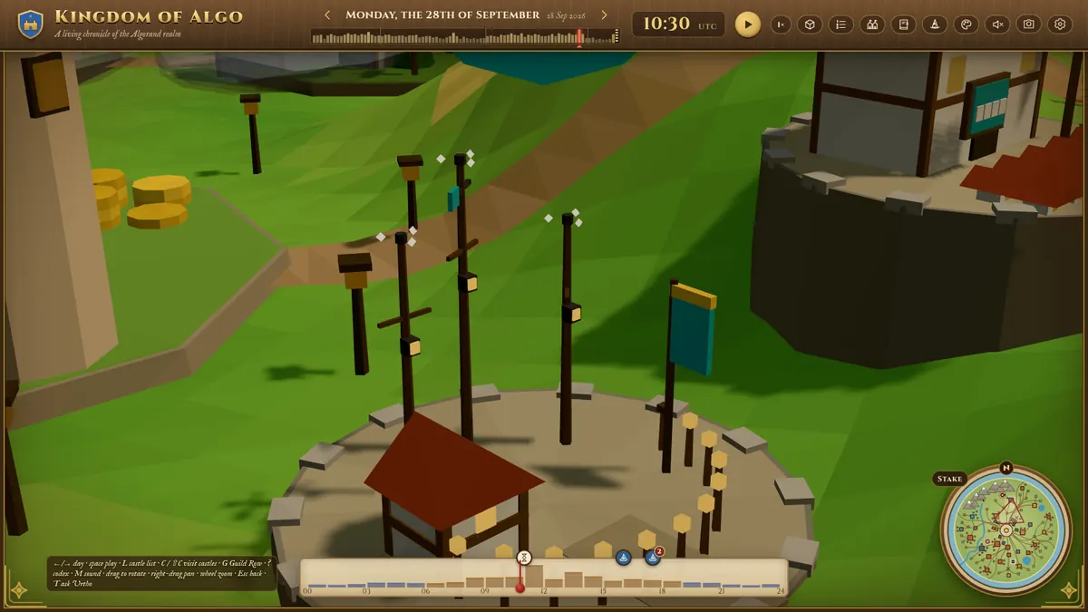 The Weather Masts: tall masts with spinning cups beside a lodge and a row of licence posts.