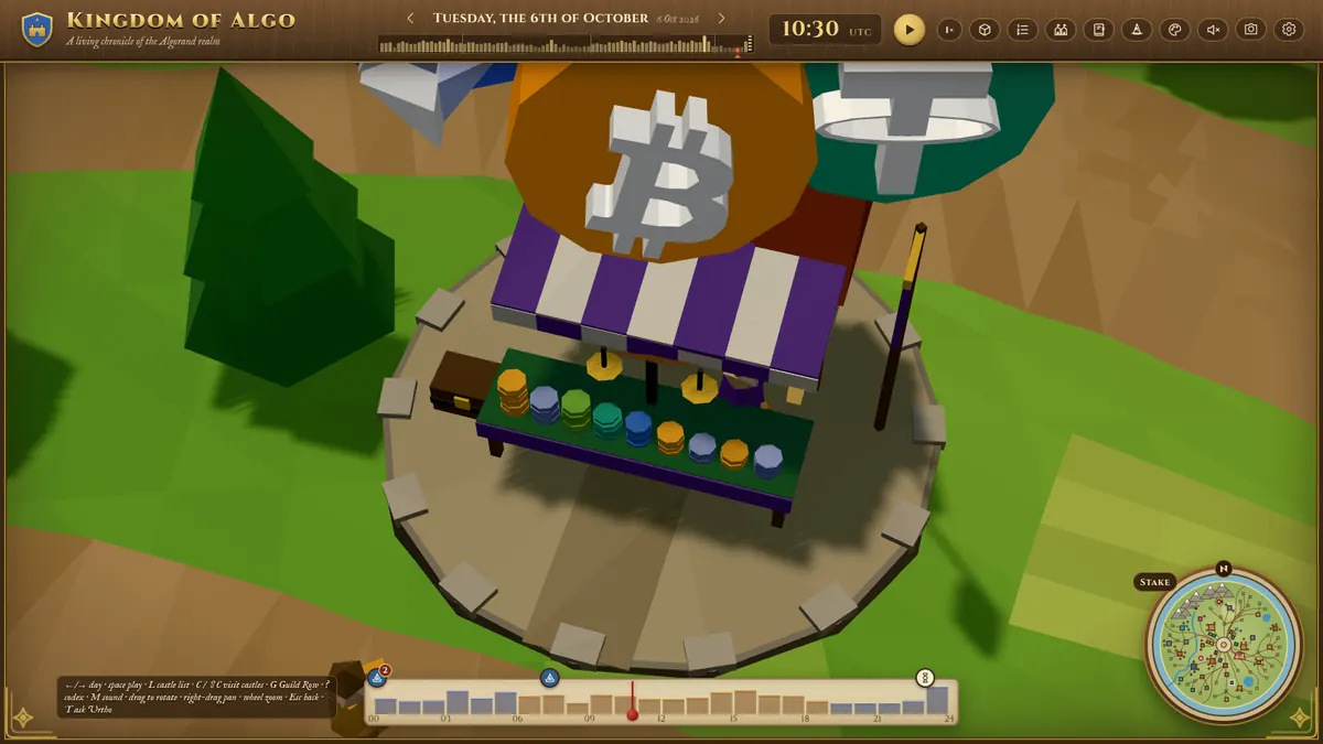 The Moneychanger's striped booth with coin stacks of many colours on its banco.