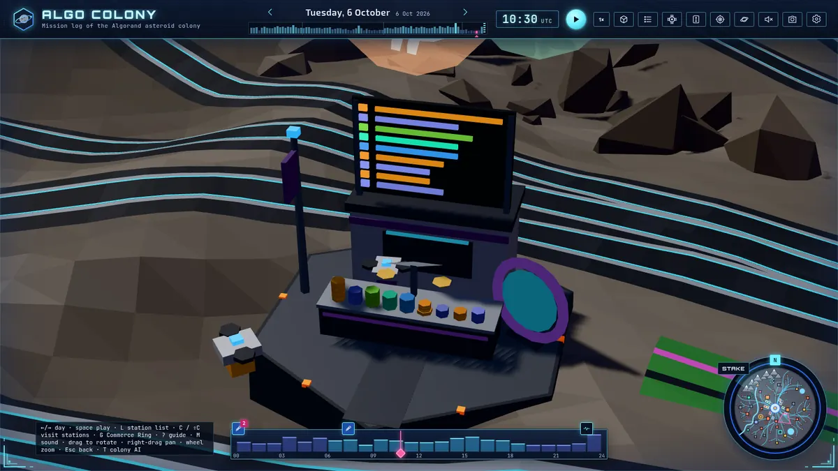 The Bridge Bureau kiosk with a holo rate board, chip stacks and a bridge gate ring.