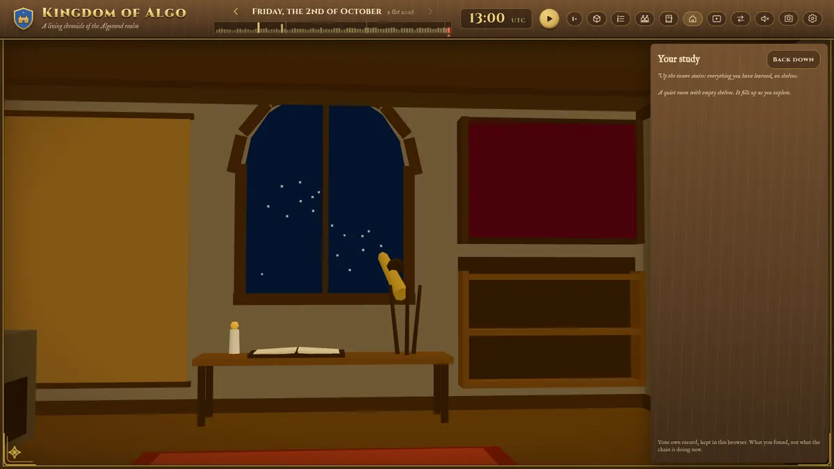 A quiet study in the wizard's tower with a telescope, an open book and a starry window, its shelves still empty.