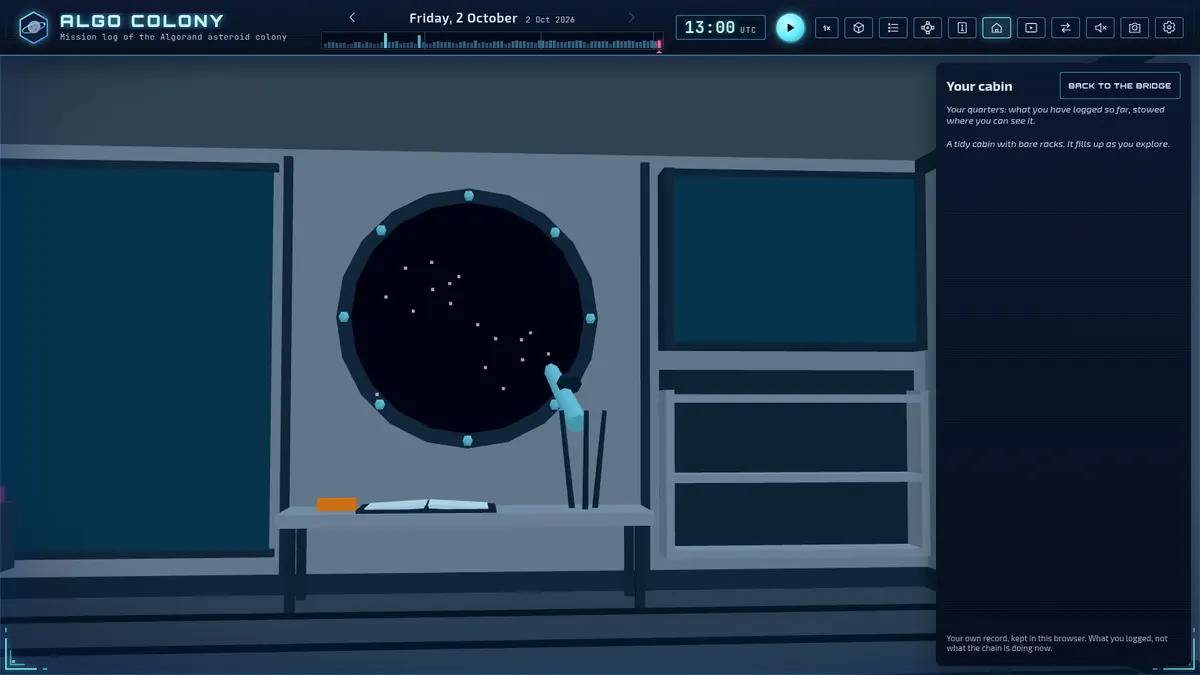A tidy cabin aboard the colony with a round porthole, a telescope and bare racks waiting to be filled.